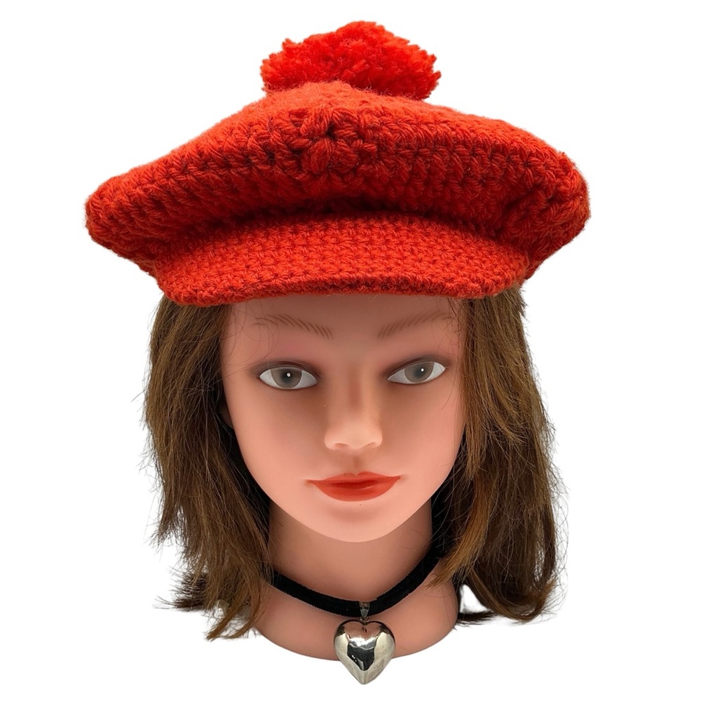 Handmade Deep Orange Crochet Beret Hat with Visor & Pom Pom Retro Puff Cap BX26